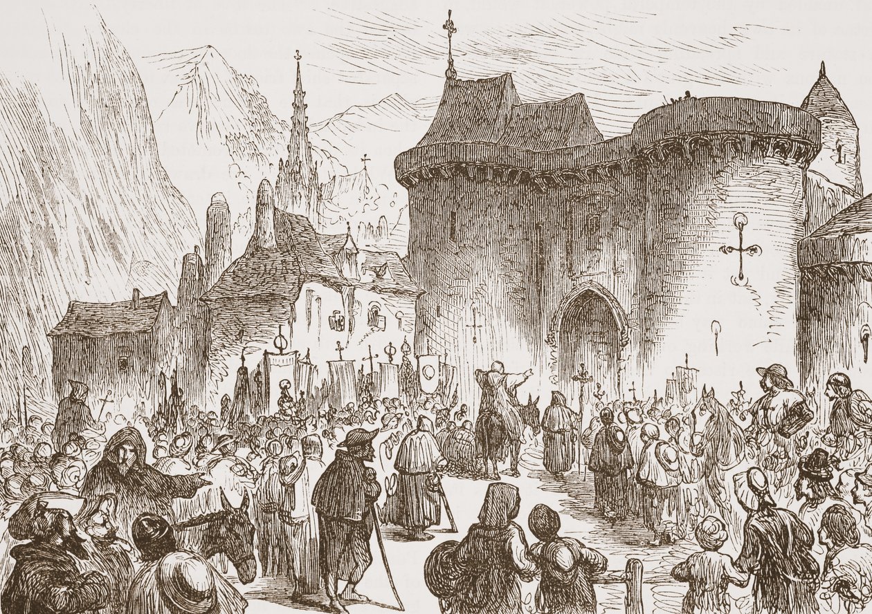 De schijnpelgrims bij de poort van Genève, illustratie uit De Geschiedenis van het Protestantisme door James Aitken Wylie, gepubliceerd in 1878 door English School