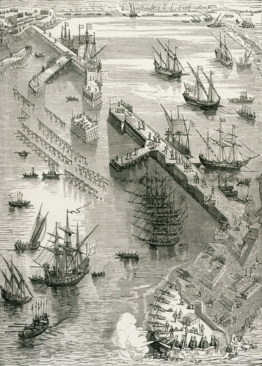 Het Beleg van Rochelle, uit De Geschiedenis van Frankrijk, door Emile de Bonnechose, uitgegeven door Ward, Lock en Co, Londen door English School