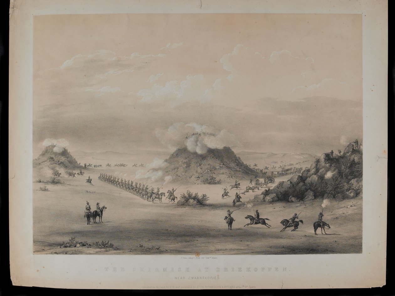 De Schermutseling bij Driekoppen, nabij Zwaartkopjes, 1845, gegraveerd door Paul Gauci door English School