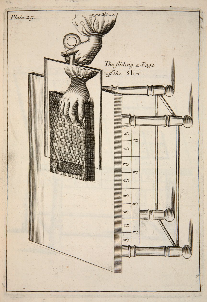 Het afschuiven van een pagina van de plak, pub. 1683 gravure door English School