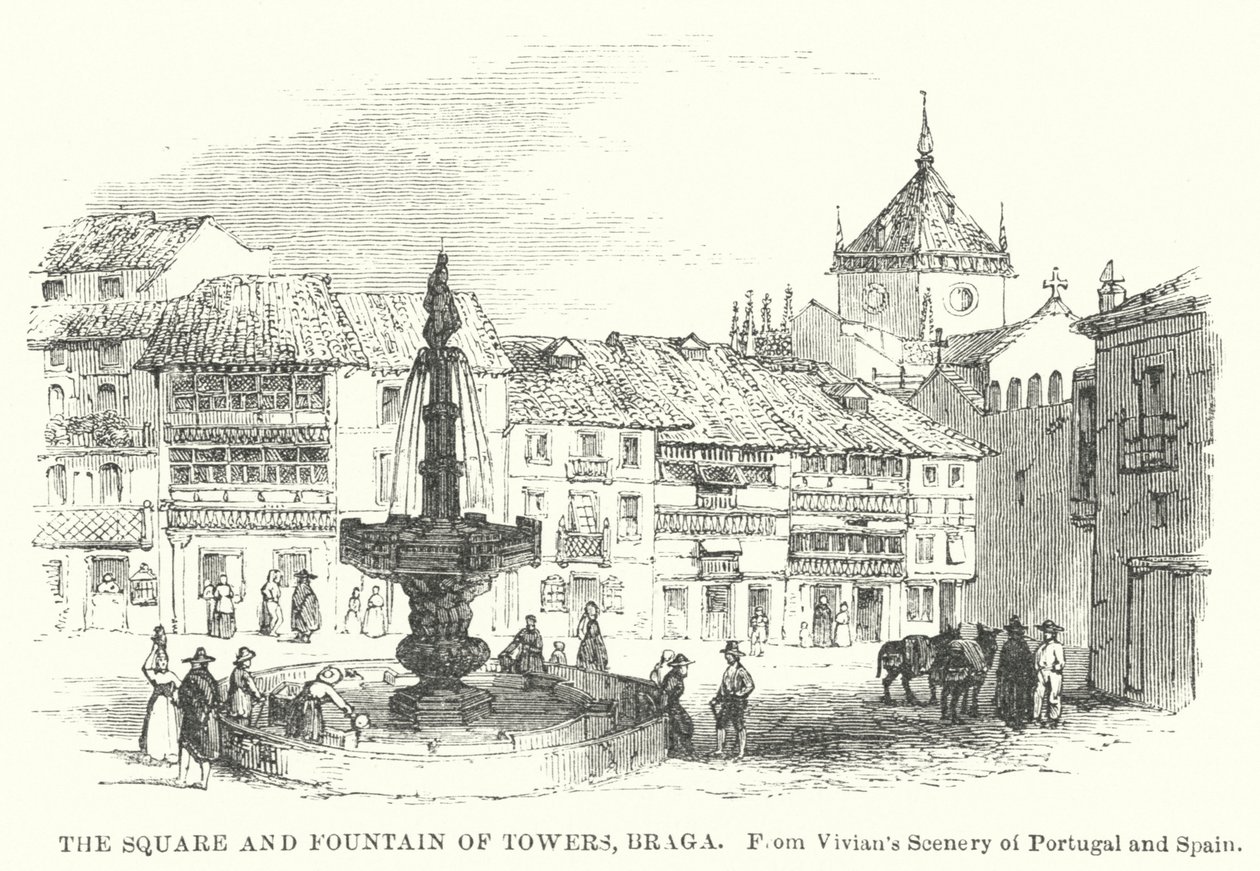 Het plein en de fontein van torens, Braga (gravure) door English School