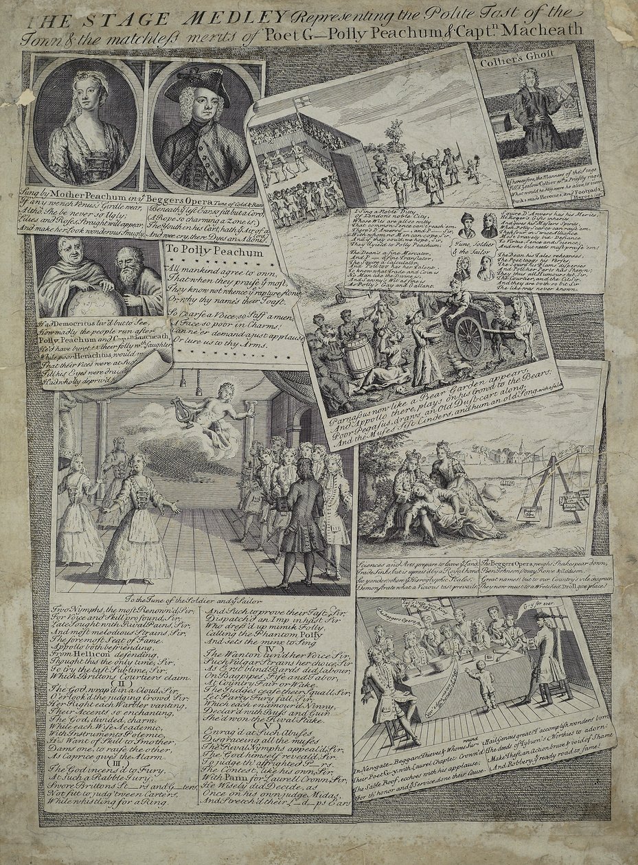 De Toneel Medley die de beleefde smaak van de stad en de onovertroffen verdiensten van dichter G., Polly Peachum en Kapitein Macheath vertegenwoordigt, ca. 1728 door English School