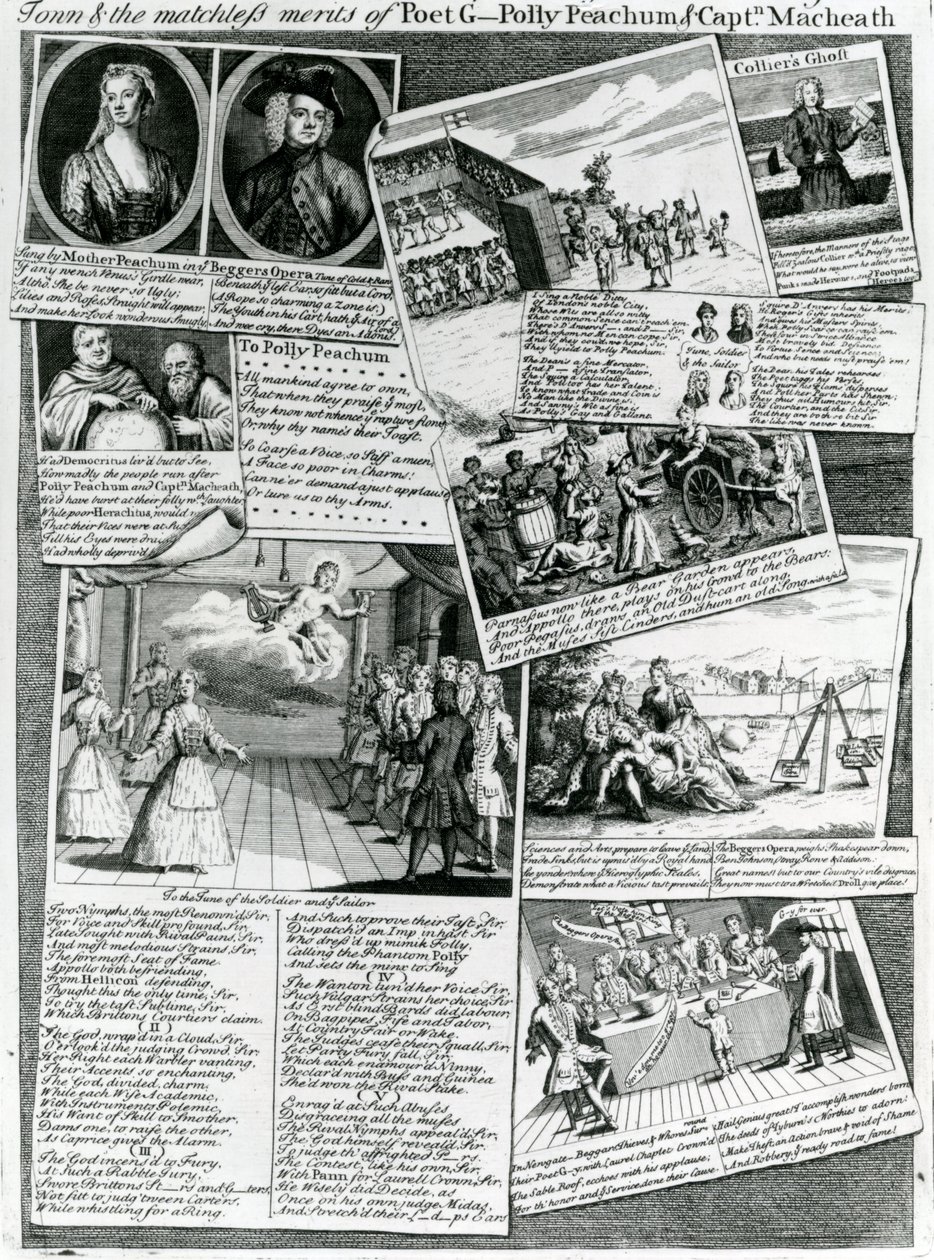 Het toneelmedley dat de beleefde smaak van de stad en de onovertroffen verdiensten van dichter G., Polly Peachum en kapitein Macheath vertegenwoordigt, ca.1728 door English School