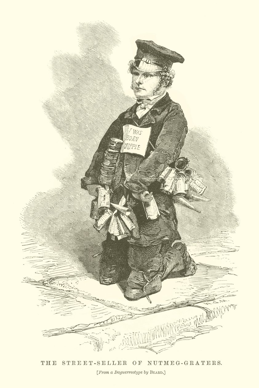 De straatverkoper van nootmuskaatkraters (gravure) door English School
