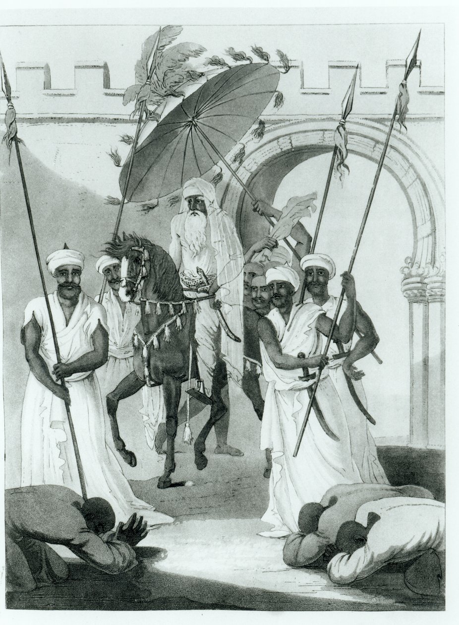 De sultan van Marokko komt naar buiten om audiëntie te geven, uit Reizen door Frankrijk en Spanje naar Marokko door Maurice Keatinge, gepubliceerd 1817 door English School