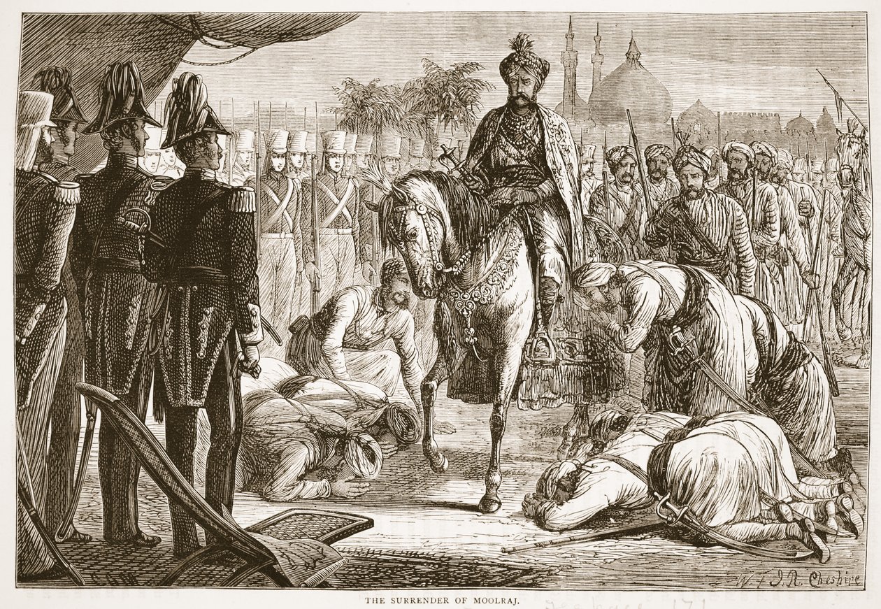 De Overgave van Moolraj, illustratie uit Cassells Geïllustreerde Geschiedenis van Engeland door English School