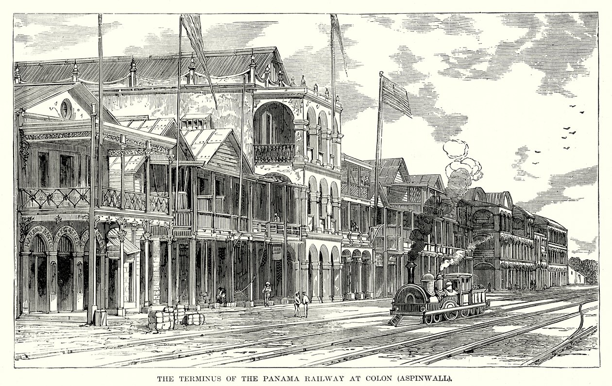 Het eindpunt van de Panamaspoorweg in Colon (Aspinwall) (gravure) door English School