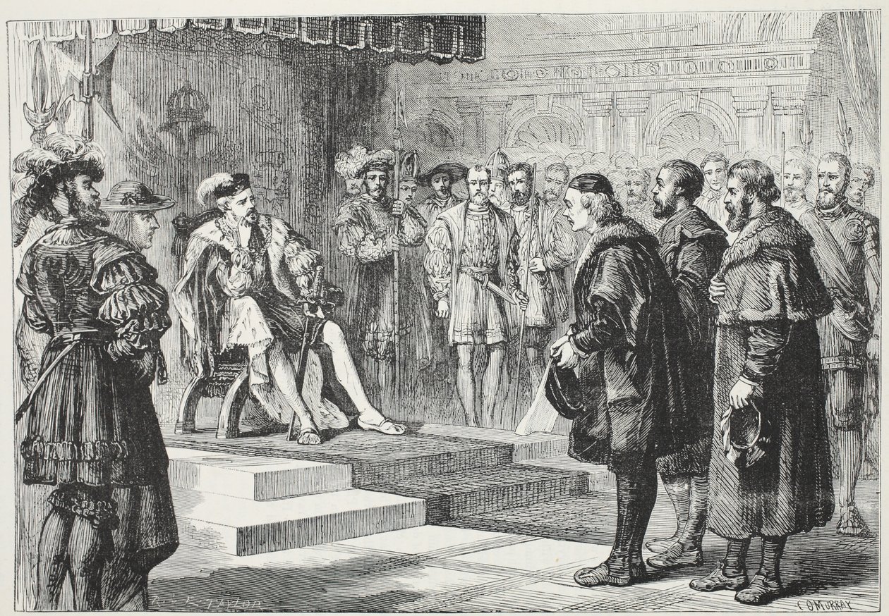 De drie protestantse ambassadeurs voor keizer Karel, illustratie uit De Geschiedenis van het Protestantisme door James Aitken Wylie, 1878 door English School