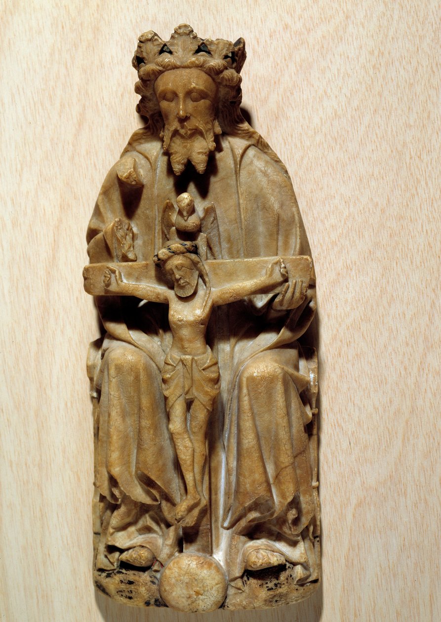 De Drie-eenheid God verleidt zijn zoon Jezus aan het kruis. Beeldhouwwerk in albast van de Engelse School. 15e eeuw Parijs, Nationaal Museum van de Middeleeuwen, Thermen van Cluny door English School