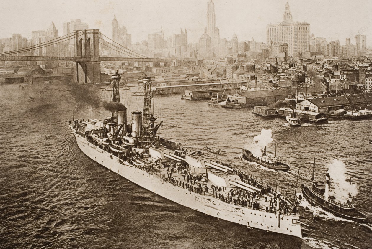 Het slagschip van de Verenigde Staten, Texas, vertrekt uit de haven van New York, illustratie uit 