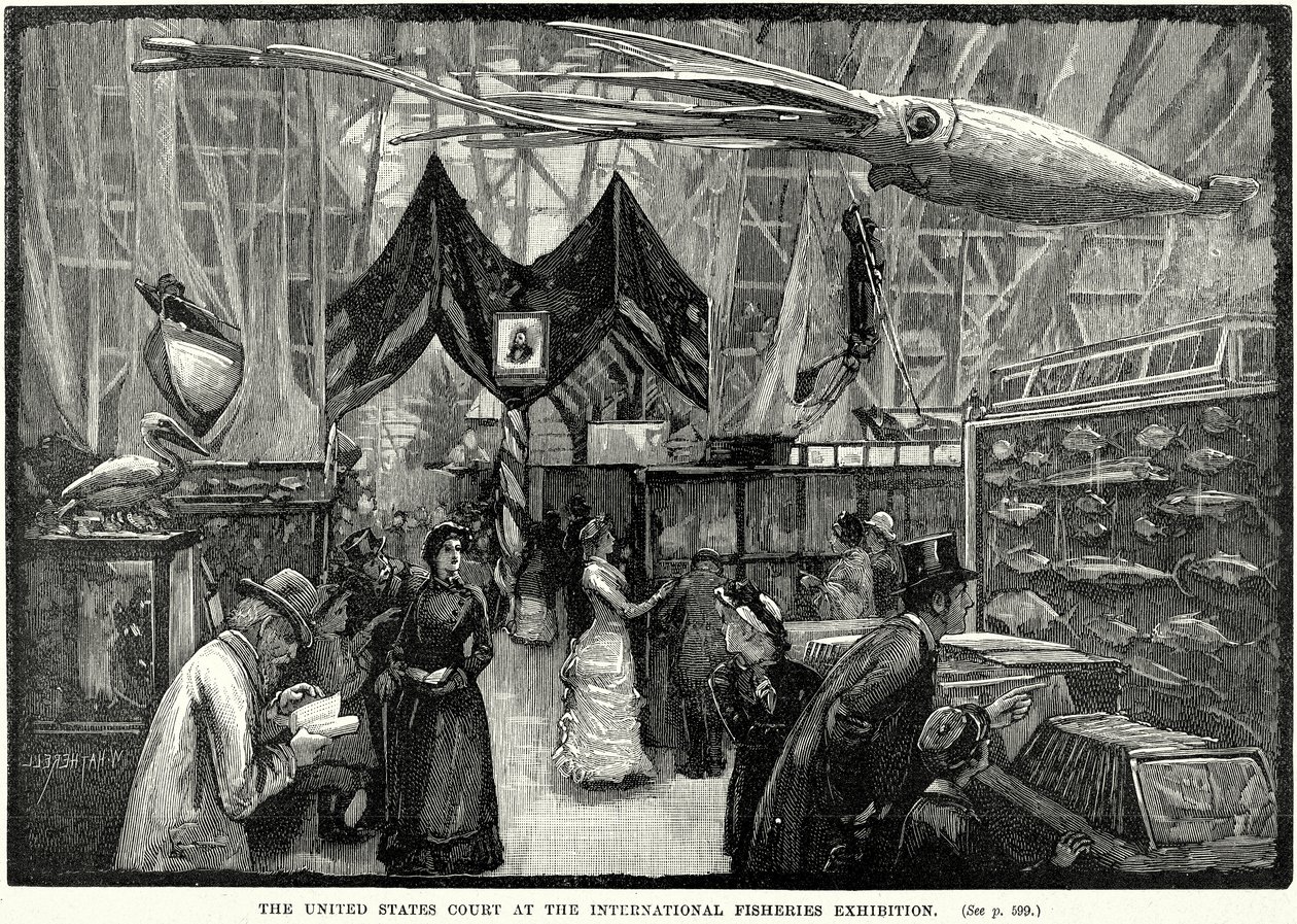 Het gerechtshof van de Verenigde Staten op de Internationale Visserij Tentoonstelling (gravure) door English School