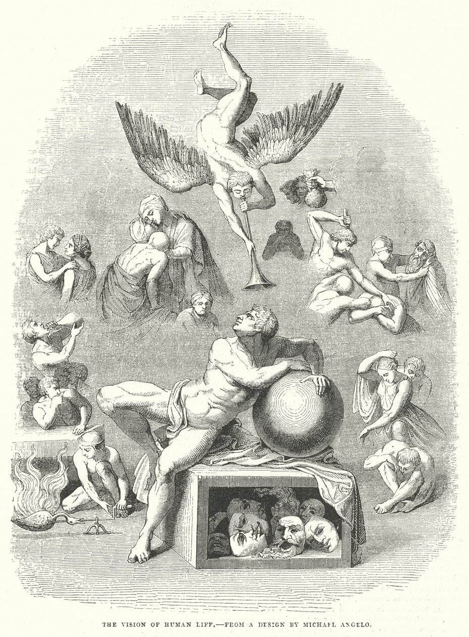De visie van het menselijk leven (gravure) door English School