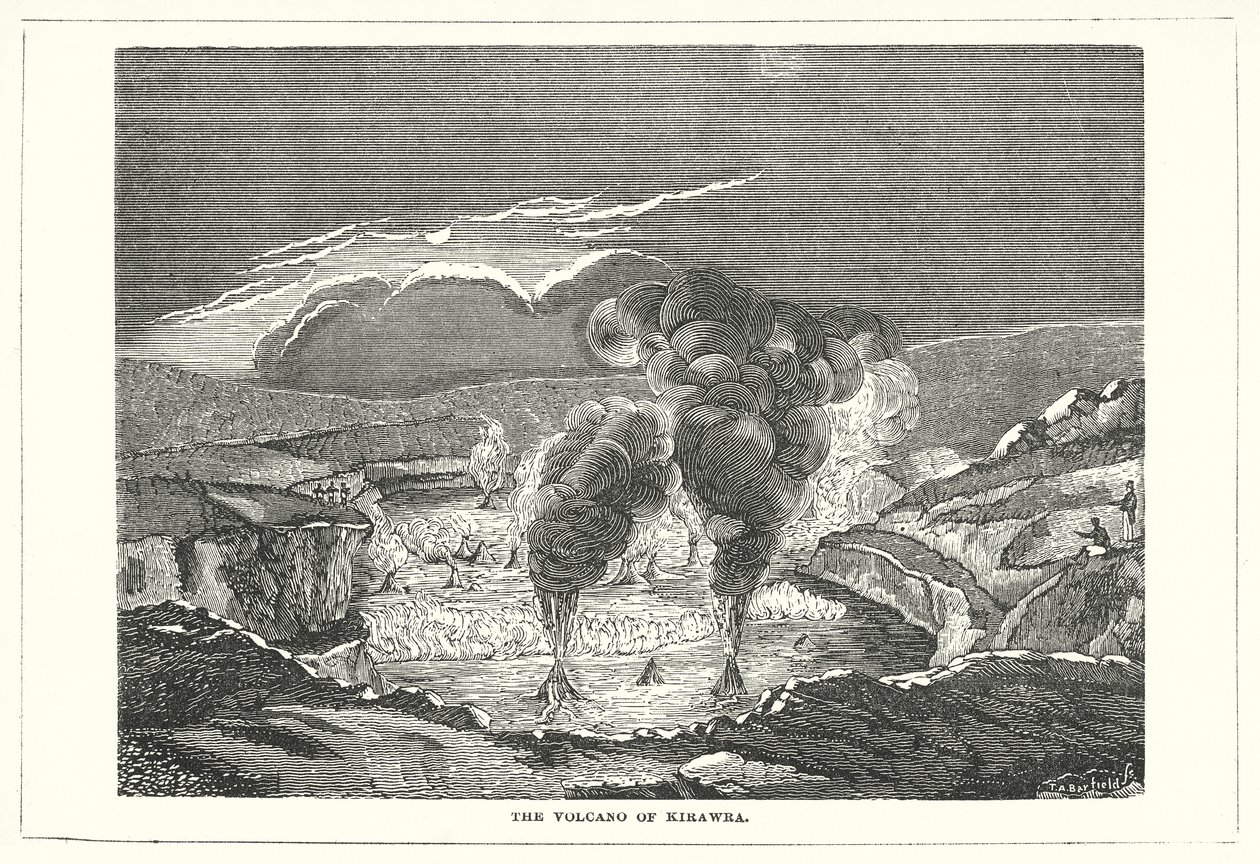 De vulkaan van Kirawra (gravure) door English School