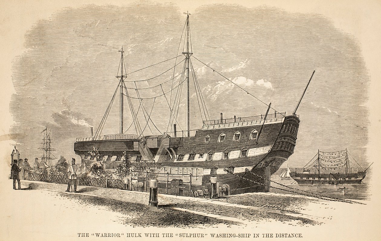 De Warrior hulk met het Sulphur waschip in de verte, illustratie uit The Criminal Prisons of London and Scenes from Prison Life door Henry Mayhew en John Binny, uitgegeven in 1862 door English School