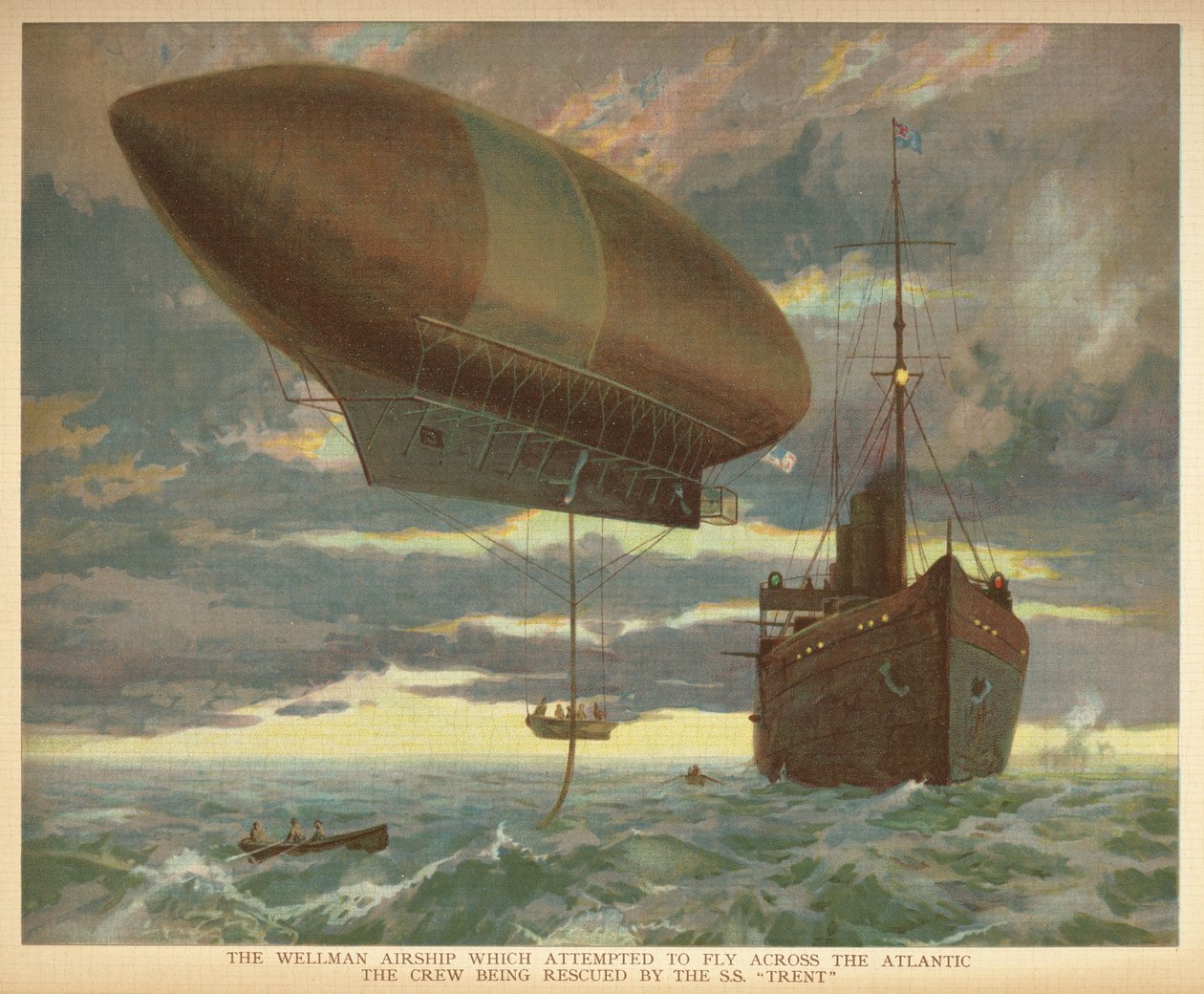 Het Wellman-luchtschip dat probeerde de Atlantische Oceaan over te steken, de bemanning werd gered door de S.S. "Trent". Little people