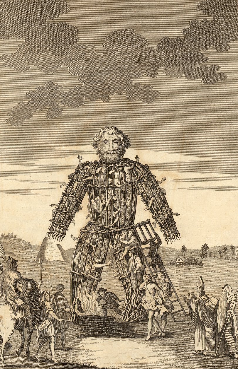 De Wicker Man van de Druïden, uit The Complete English Traveller, of een nieuwe enquête en beschrijving van Engeland en Wales, pub. 1771 door English School
