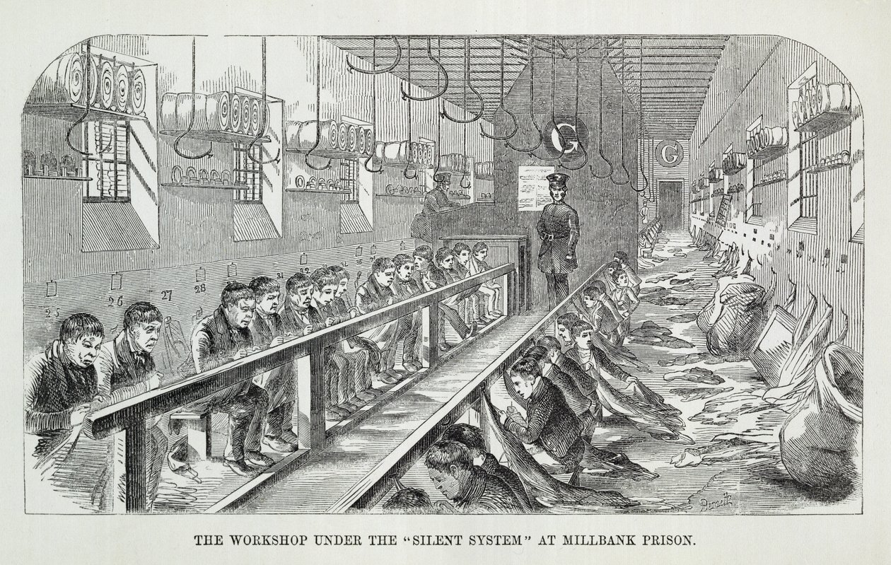 De Werkplaats onder het Stille Systeem in de Millbank Gevangenis, uit The Criminal Prisons of London and Scenes of Prison Life door Henry Mayhew (1812-87) en John Binny, 1862 door English School