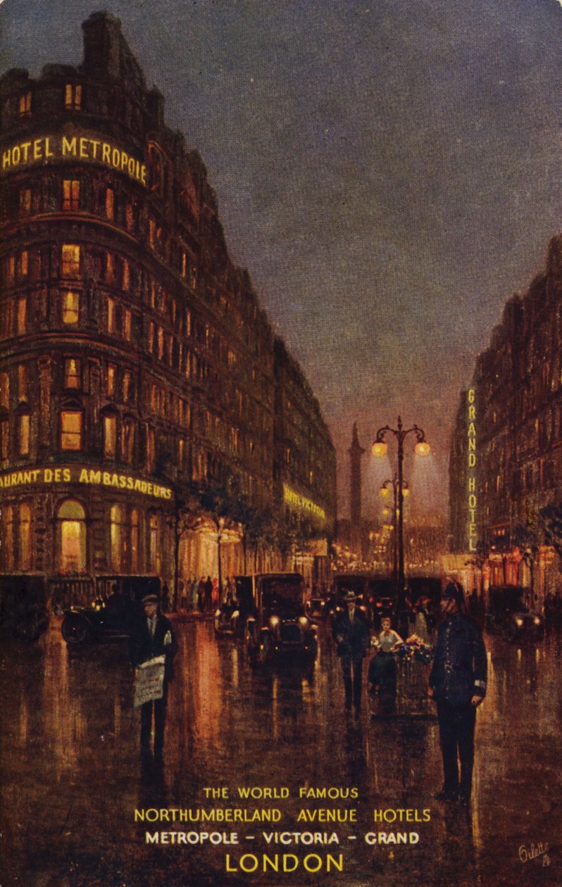 De wereldberoemde Northumberland Avenue hotels, Metropole, Victoria, Grand, Londen (kleurenlitho) door English School