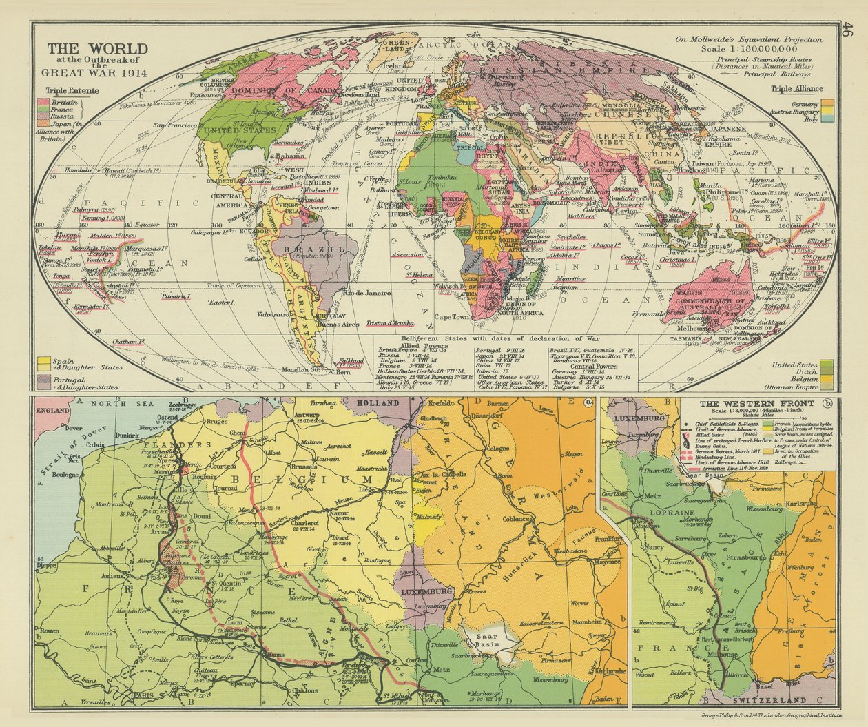 De wereld bij het uitbreken van de Grote Oorlog 1914 (kleurenlitho) door English School