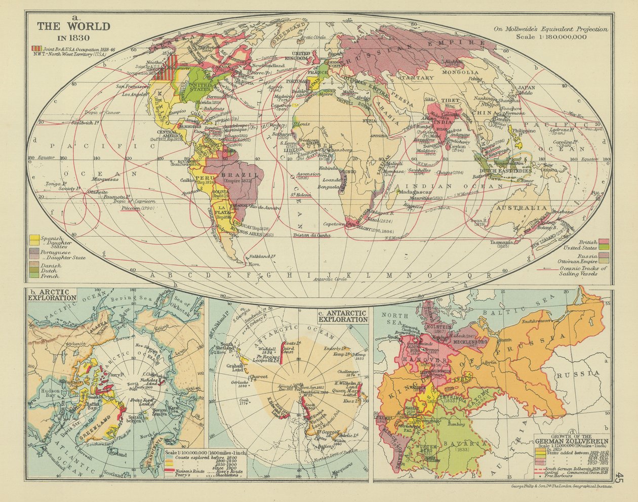 De wereld in 1830 (kleurenlitho) door English School