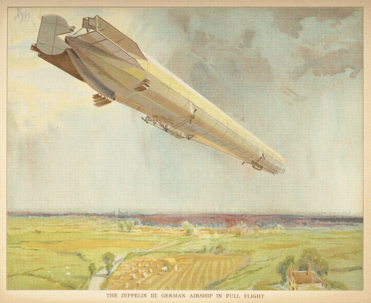 De Zeppelin III. Duitse luchtschip in volle vlucht. Little people