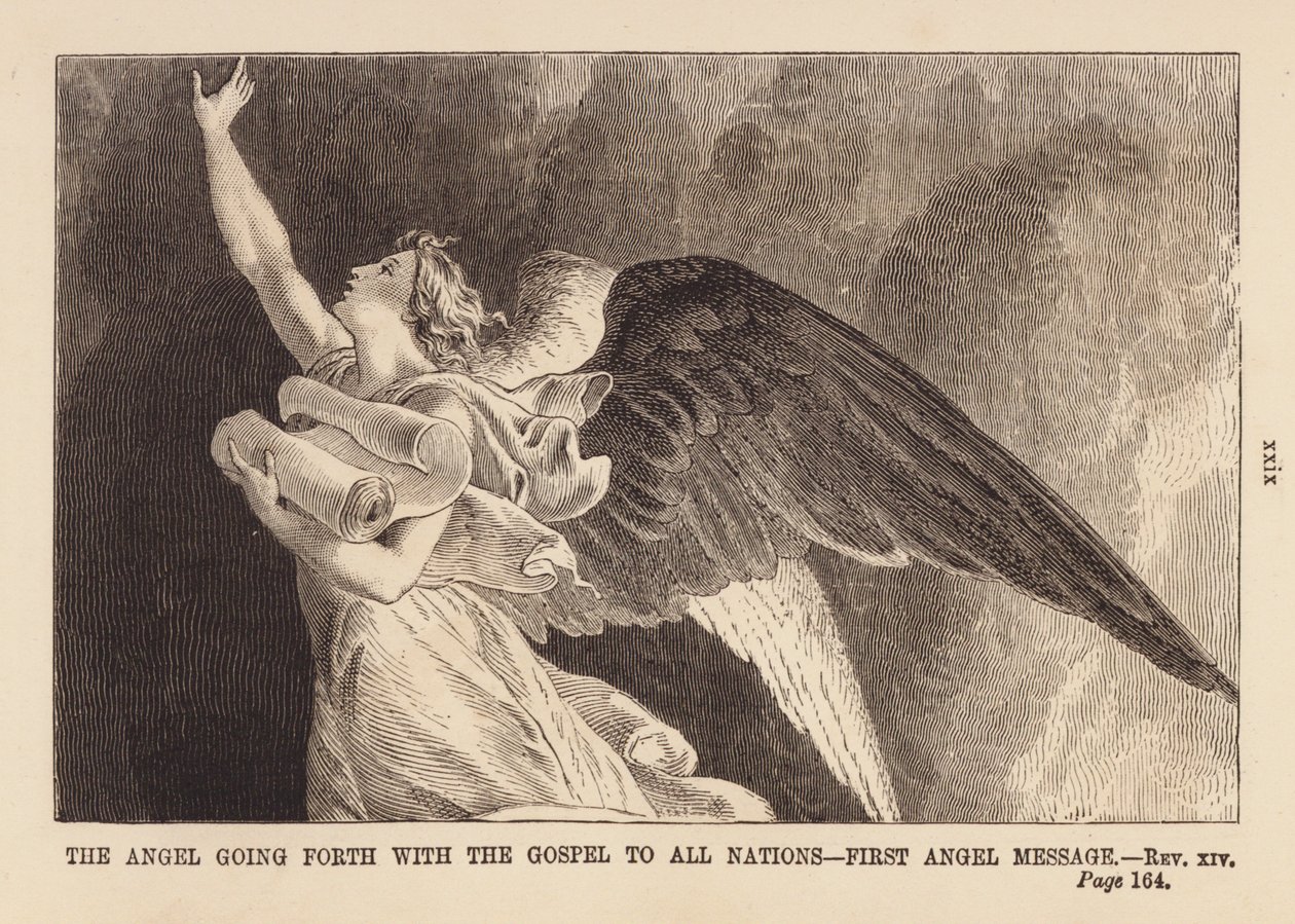 De engel op weg met het evangelie, eerste boodschap van de engel (gravure) door English School