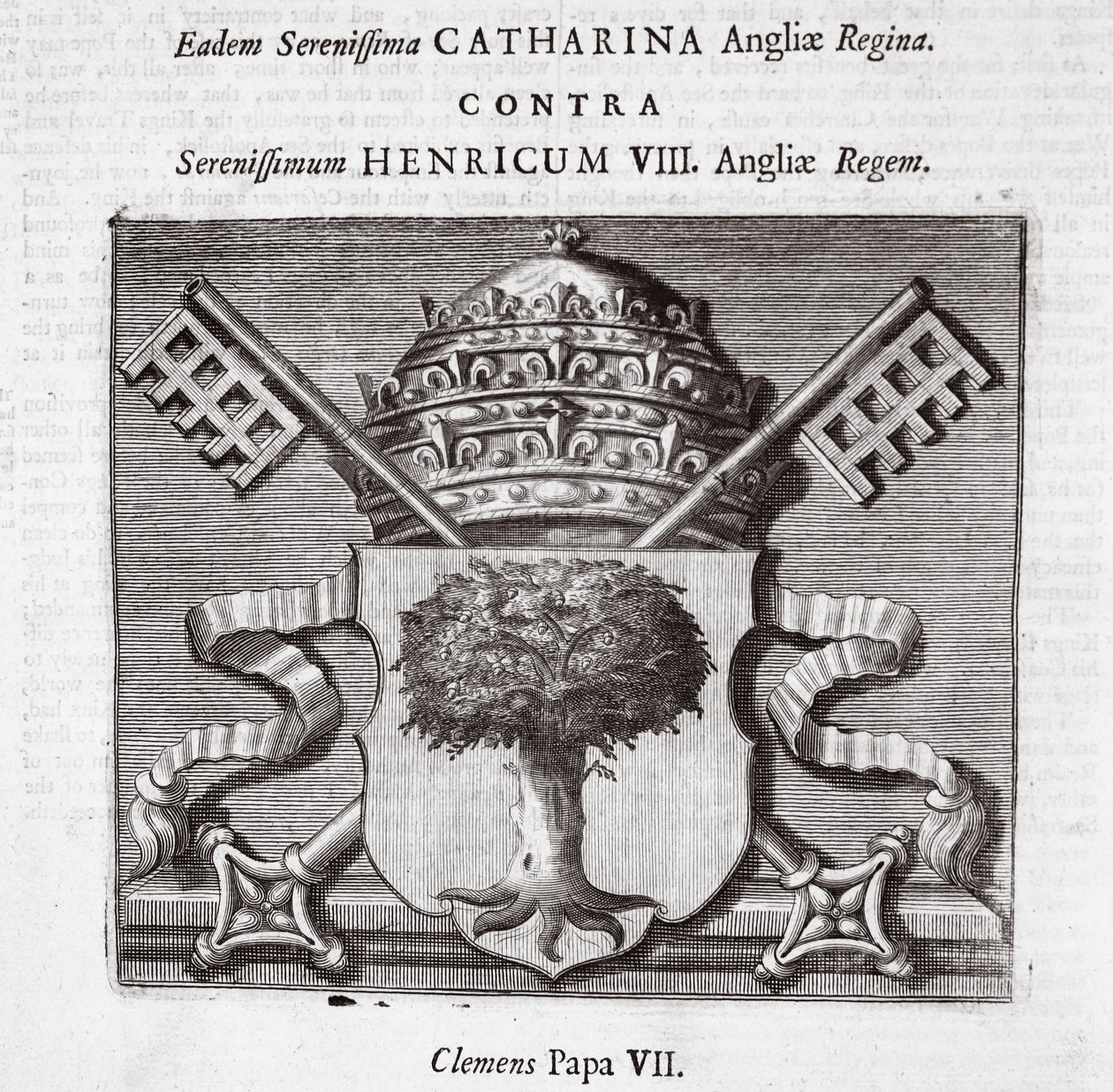 De wapens van paus Clemens VII, illustratie uit Handelingen en Monumenten van John Foxe, negende editie, uitgegeven 1684 door English School