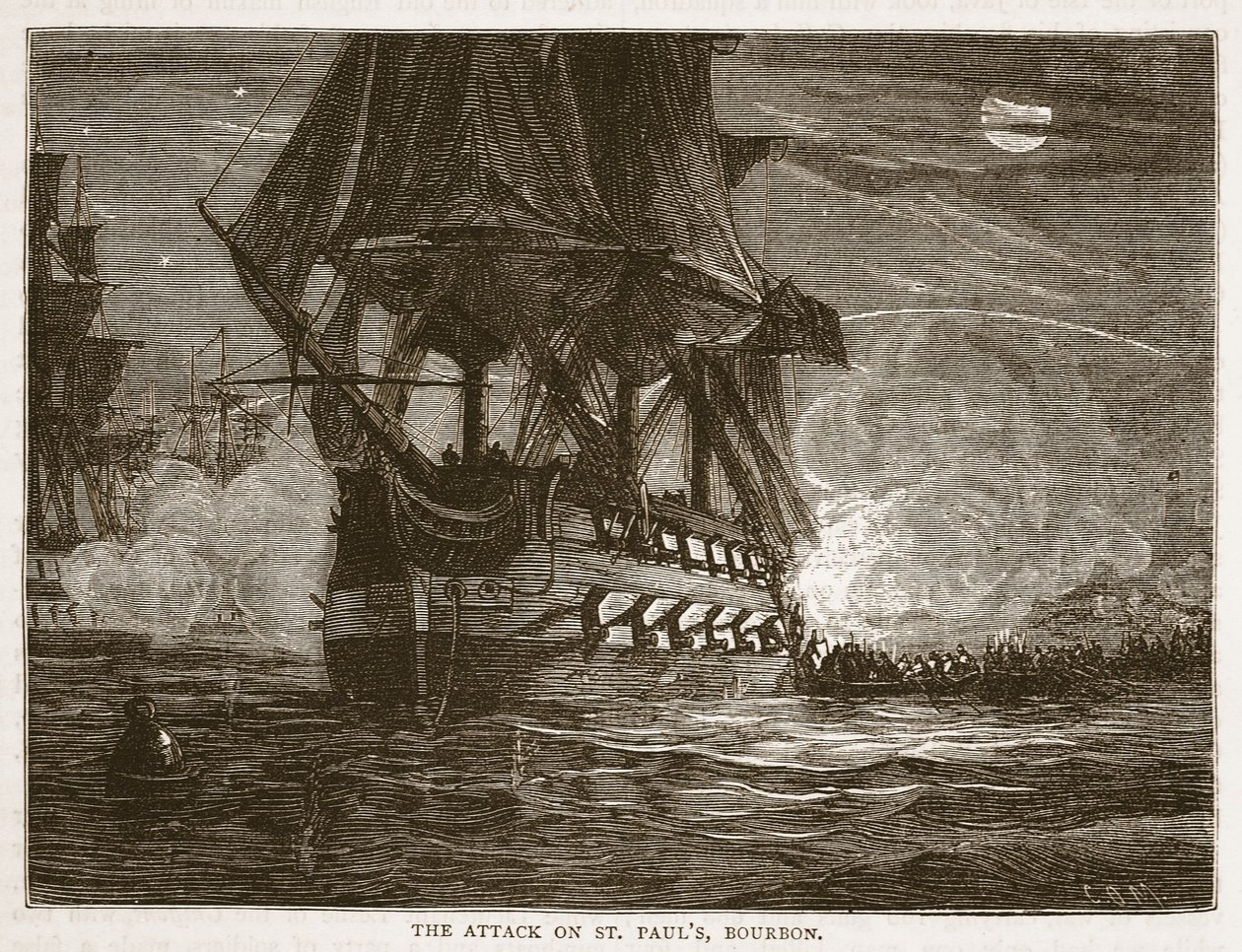 De aanval op St. Pauls, Bourbon, illustratie uit Cassells Geïllustreerde Geschiedenis van India door James Grant, uitgegeven 1879 door English School