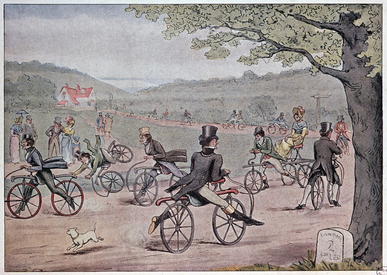 De fiets in 1819 - van een Engelse prent uit die tijd door English School