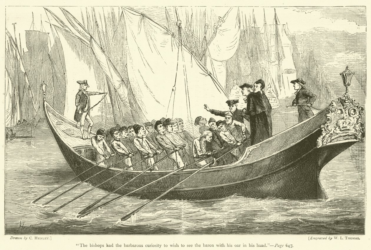 "De bisschoppen hadden de barbaarse nieuwsgierigheid om de baron met zijn roeispaan in zijn hand te willen zien" (gravure) door English School