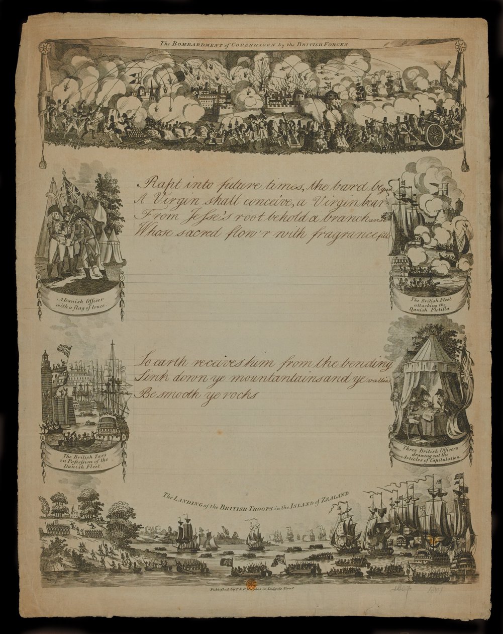 Het bombardement van Kopenhagen door de Britse troepen en De landing van de Britse troepen op het eiland Zeeland, uitgegeven door T. en R. Hughes in 1807 door English School