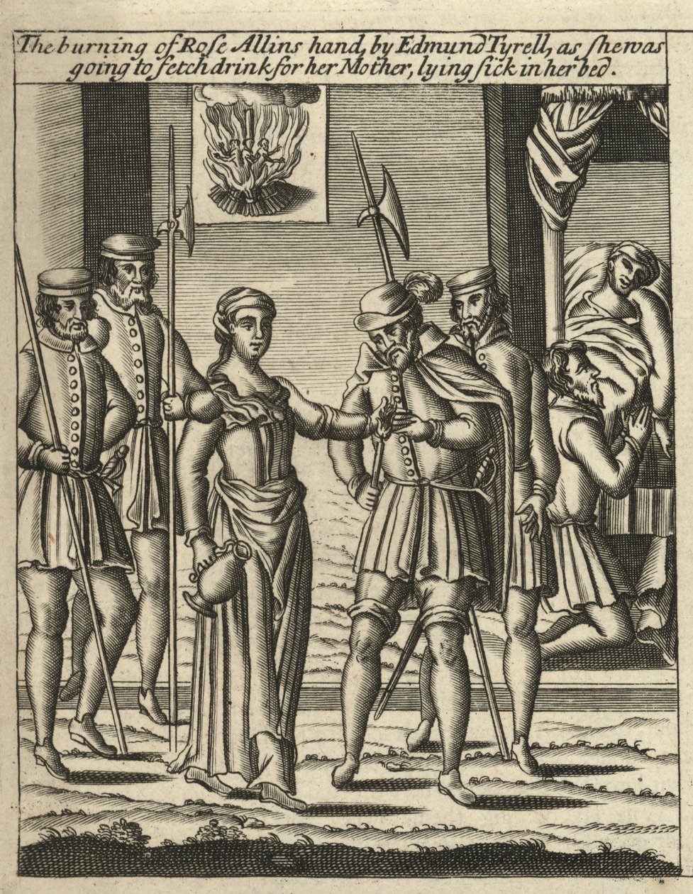 De verbranding van Rose Allins hand door Edmund Tyrell (gravure) door English School