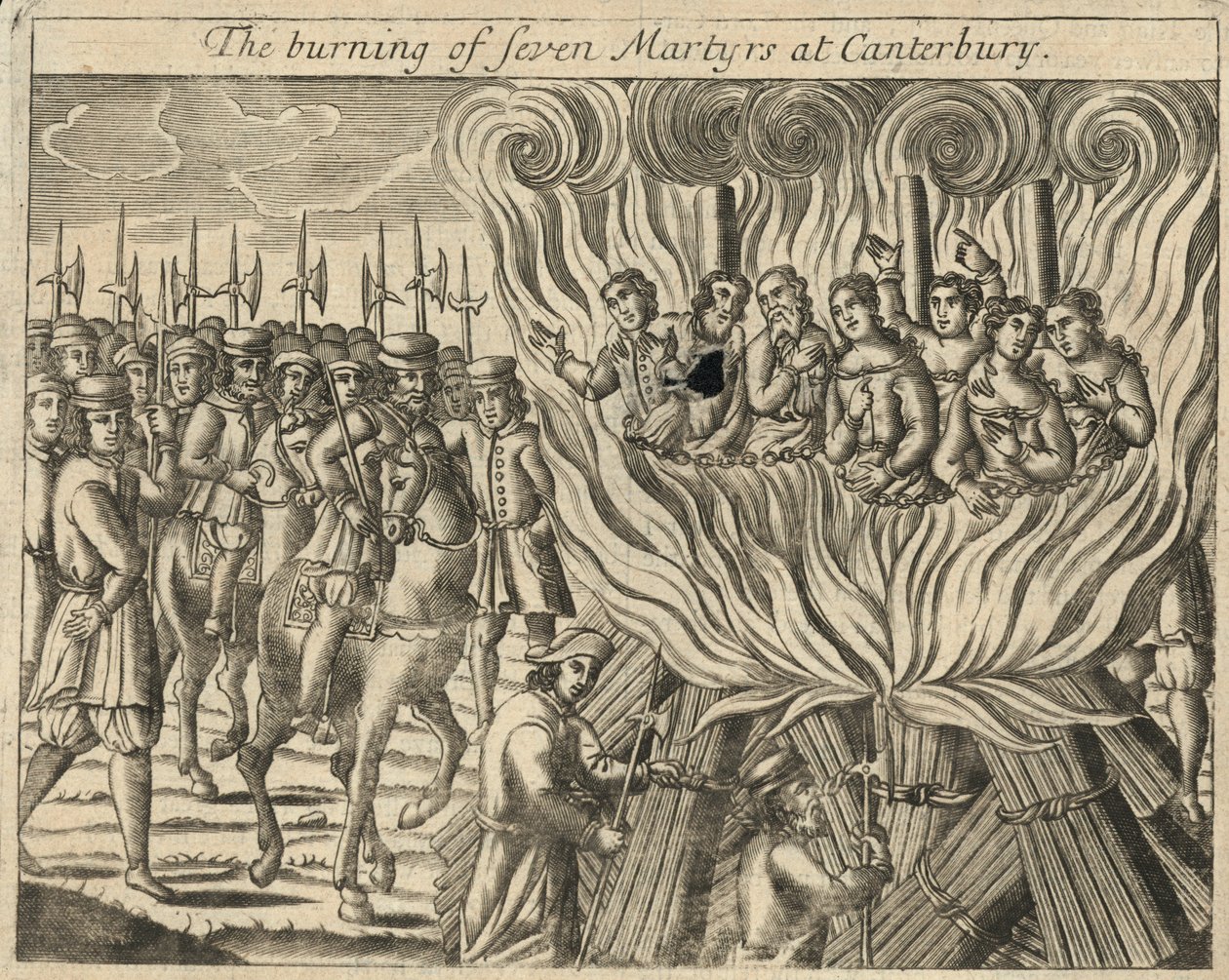 De verbranding van zeven martelaren in Canterbury (gravure) door English School