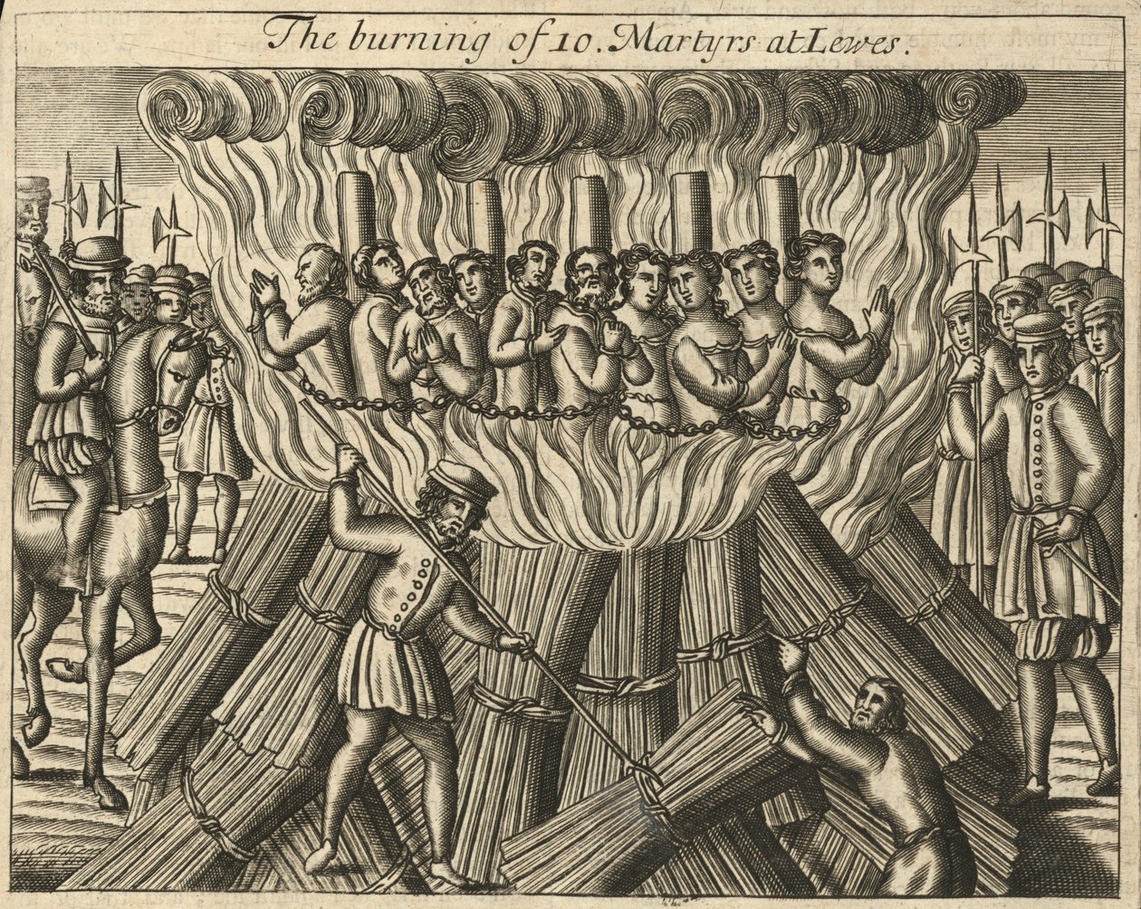 De verbranding van tien martelaren in Lewes (gravure) door English School
