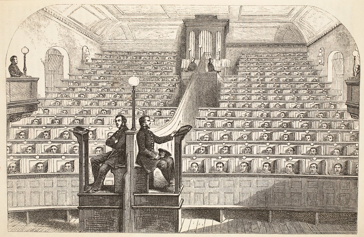 De kapel, op het afzonderingssysteem, in de Pentonville-gevangenis tijdens de kerkdienst, illustratie uit The Criminal Prisons of London and Scenes from Prison Life door Henry Mayhew en John Binny, uitgegeven 1862 door English School