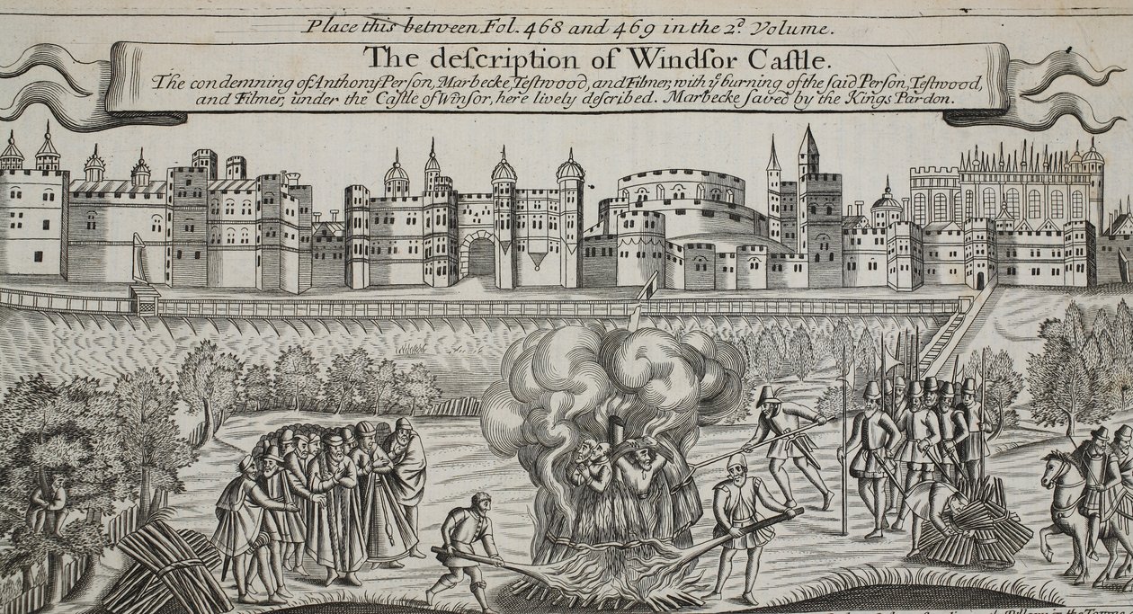 De beschrijving van Windsor Castle, illustratie uit Handelingen en Monumenten van John Foxe, negende editie, uitgegeven 1684 door English School