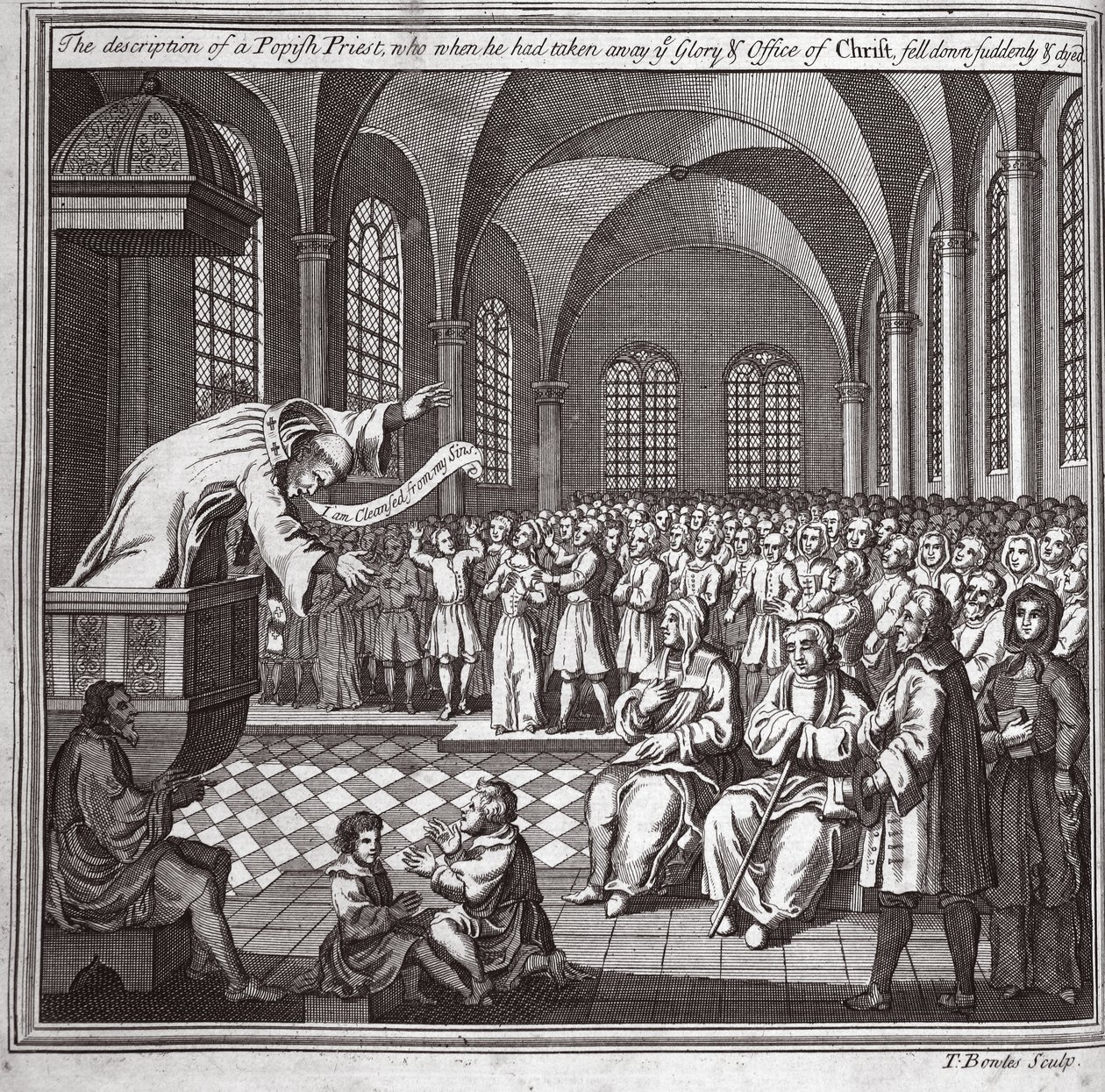 De beschrijving van een pauselijke priester, die toen hij de glorie en het ambt van Christus had weggenomen, plotseling neerviel en stierf, illustratie uit Foxes Martelaren ca. 1703 door English School