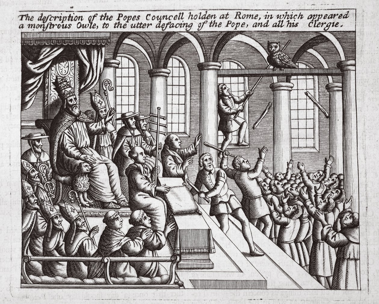 De beschrijving van het concilie van de paus gehouden in Rome, waarin een monsterlijke uil verscheen, tot de volledige vernietiging van de paus en al zijn geestelijkheid, illustratie uit Handelingen en Monumenten van John Foxe, negende editie door English School