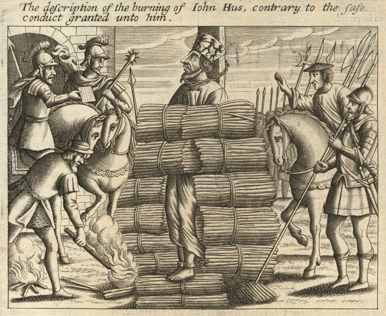 De beschrijving van de verbranding van Johannes Hus, in strijd met de hem toegekende vrijgeleide (gravure) door English School