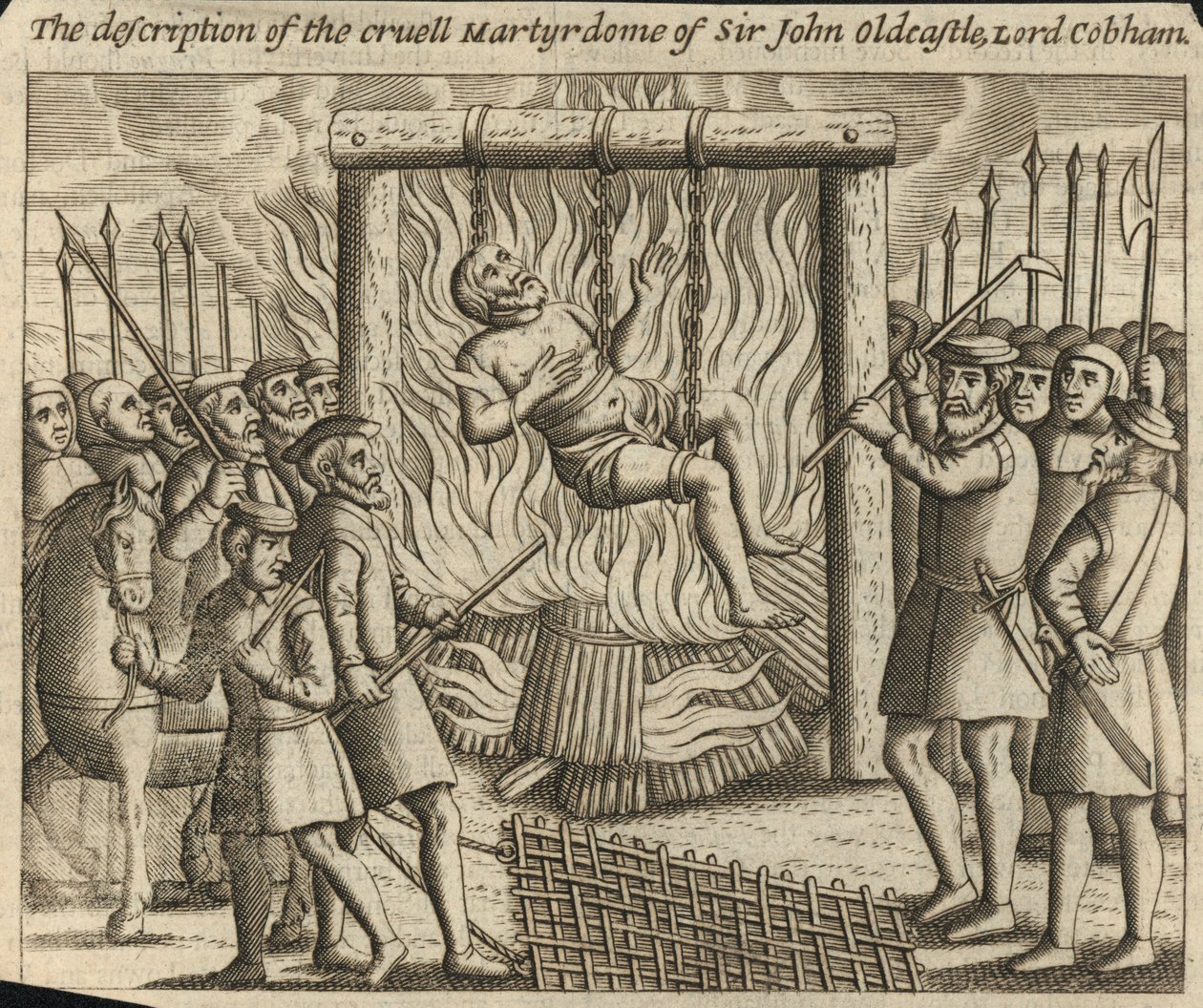 De beschrijving van het wrede martelaarschap van Sir John Oldcastle, Lord Cobham (gravure) door English School