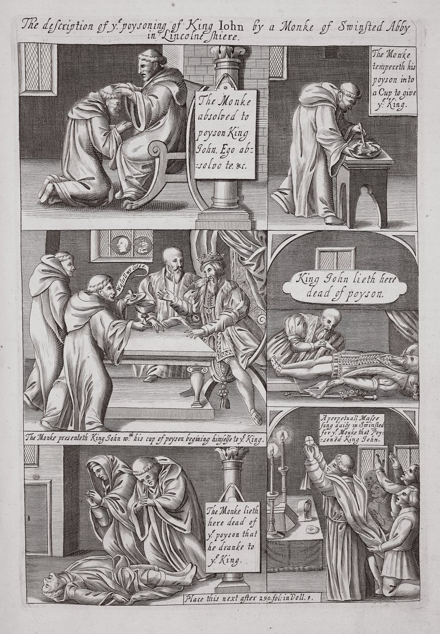 De beschrijving van de vergiftiging van koning Jan door een monnik van Swinstead Abbey in Lincolnshire, illustratie uit Handelingen en Monumenten van John Foxe, negende editie, uitgegeven 1684 door English School