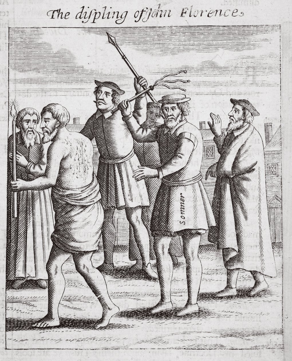De bestraffing van John Florence, illustratie uit Handelingen en Monumenten van John Foxe, negende editie, uitgegeven 1684 door English School