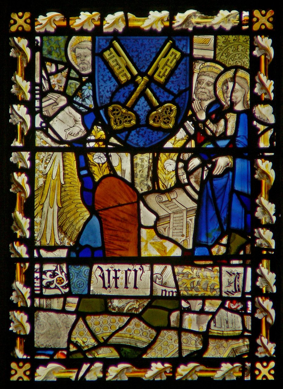Het oostelijke raam met St. Johannes, St. Petrus bij de Poort, schild met een symbool van St. Petrus door English School