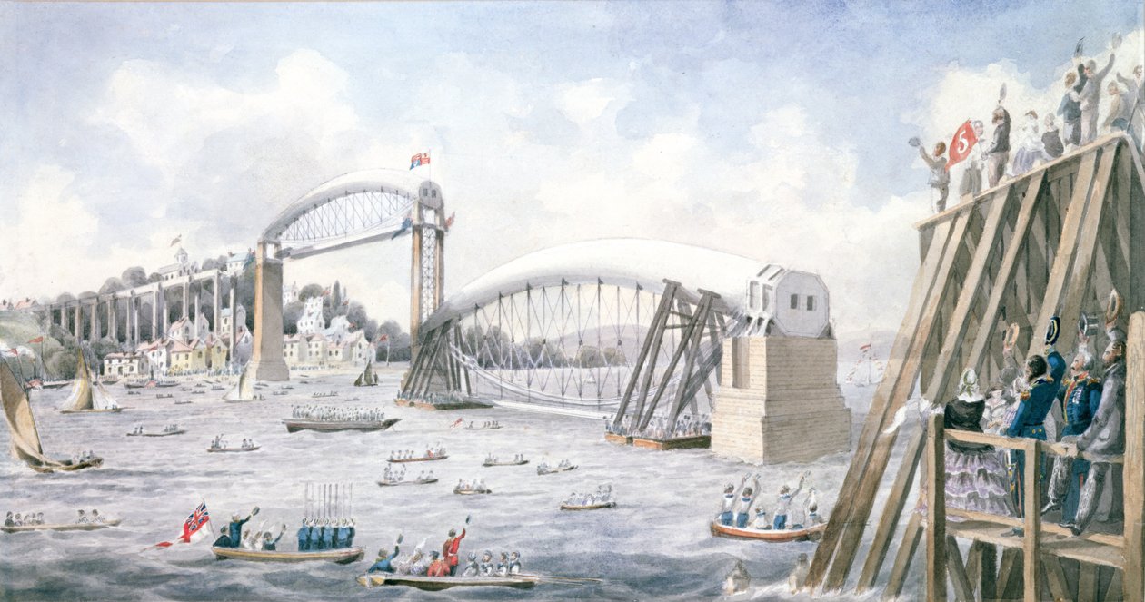 Het drijven van de laatste overspanning van de Royal Albert Bridge, Saltash door English School