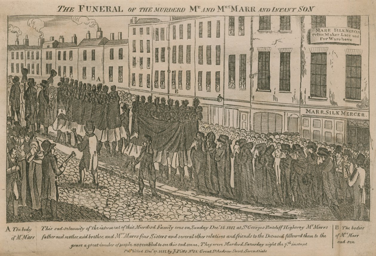 De begrafenis van de vermoorde heer en mevrouw Parr en zoontje (gravure) door English School