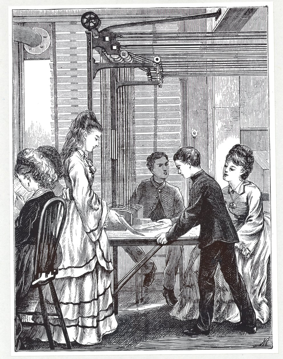 De instrumenten voor het verzenden van berichten bij het Post Office Telegraph Headquarters, Telegraph Street, Londen, uit The Graphic, 1871 door English School