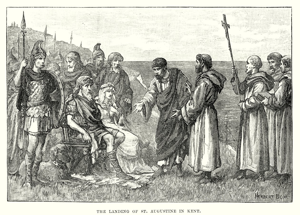 De landing van Sint-Augustinus in Kent (gravure) door English School