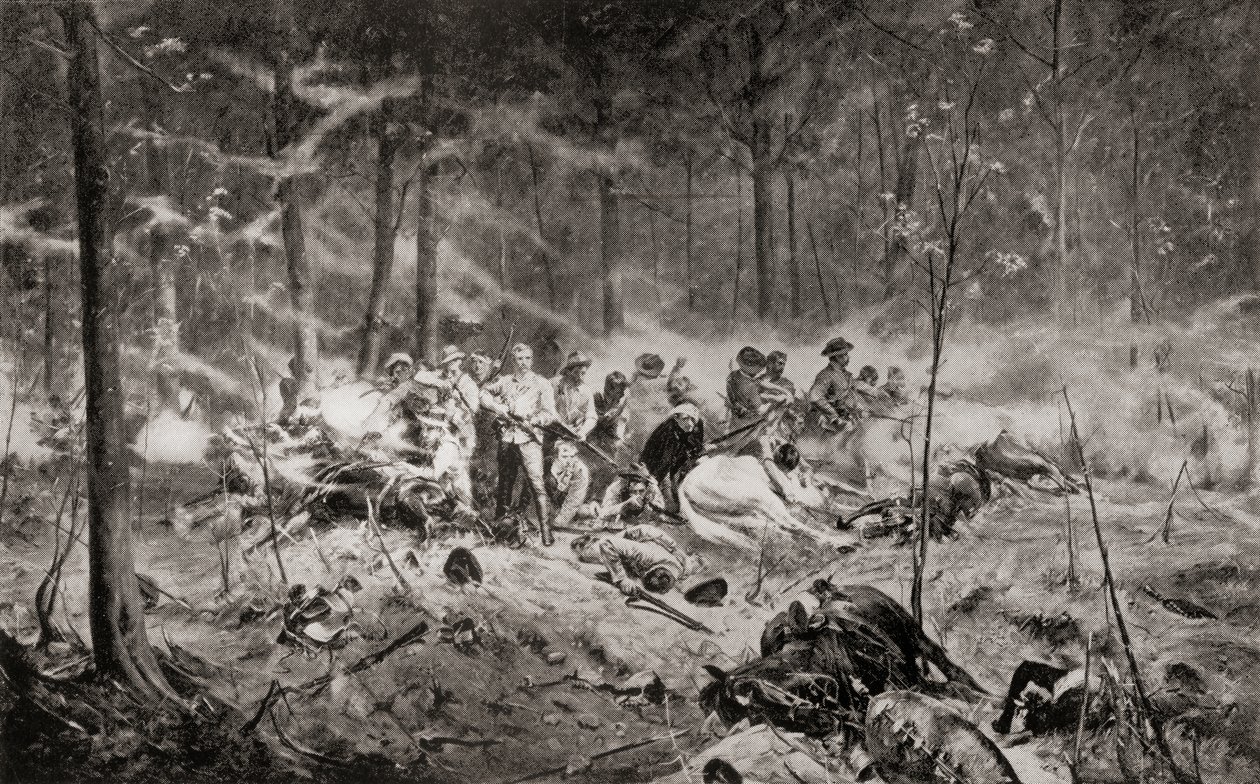 De laatste stand van majoor Allan Wilson aan de Shangani-rivier, Matabeleland, tijdens de Eerste Matabele-oorlog in 1893, naar het schilderij van Allan Stewart, uit 