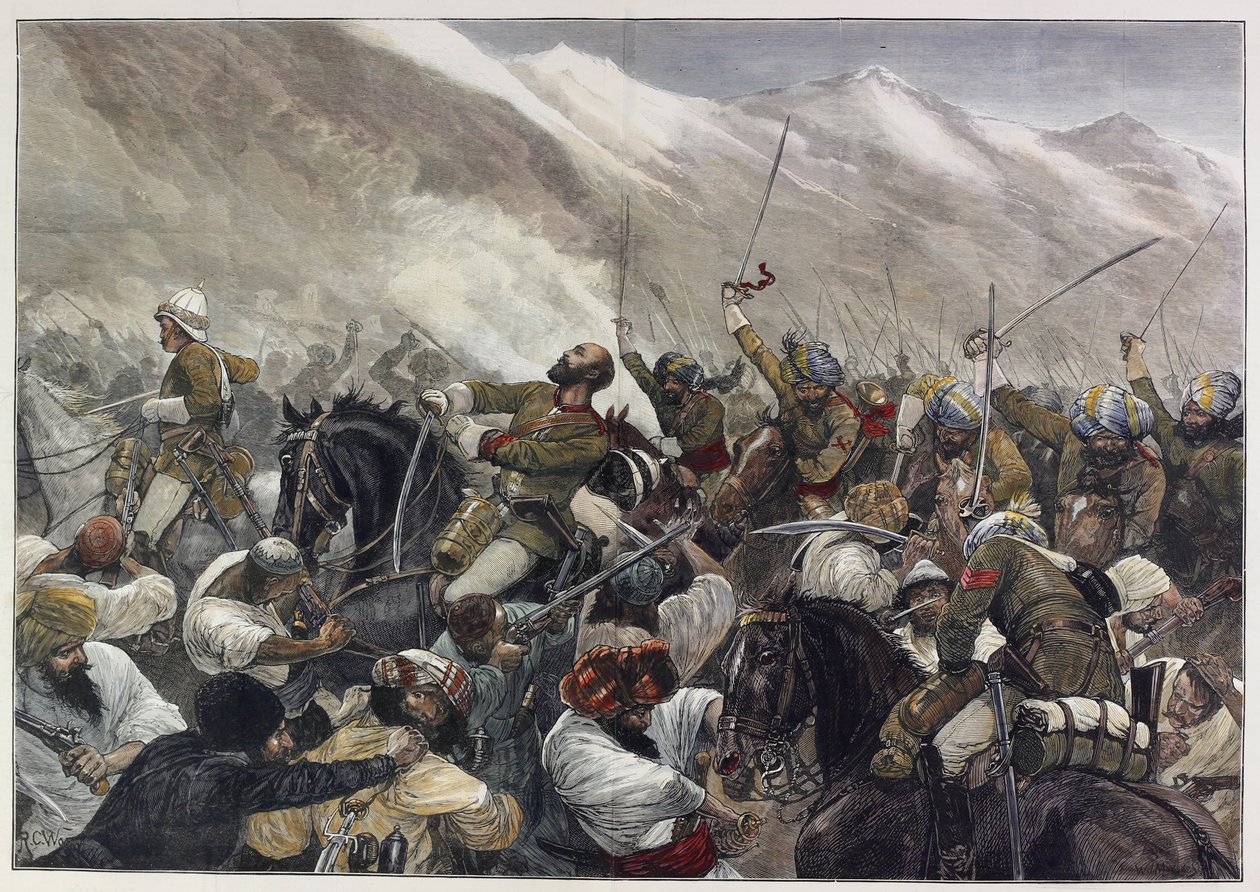 De laatste Afghaanse oorlog: de dood van majoor Wigram Battye in de slag bij Futtehabad op 30 april (gekleurde gravure) door English School