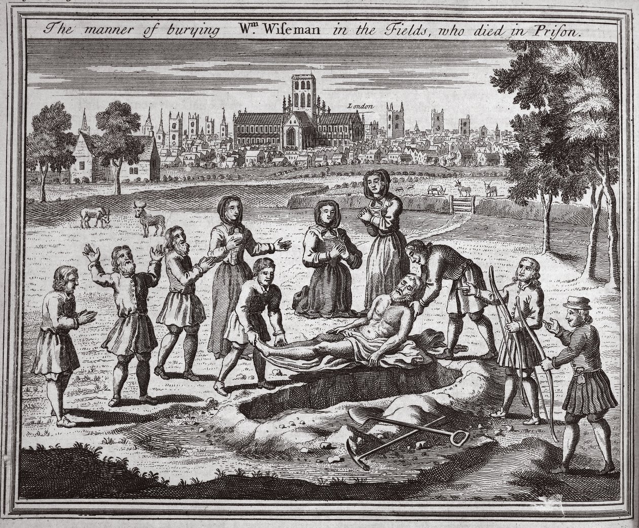 De manier van begraven van Wm Wiseman in de velden, die in de gevangenis stierf, illustratie uit Foxes Martelaren ca. 1703 door English School